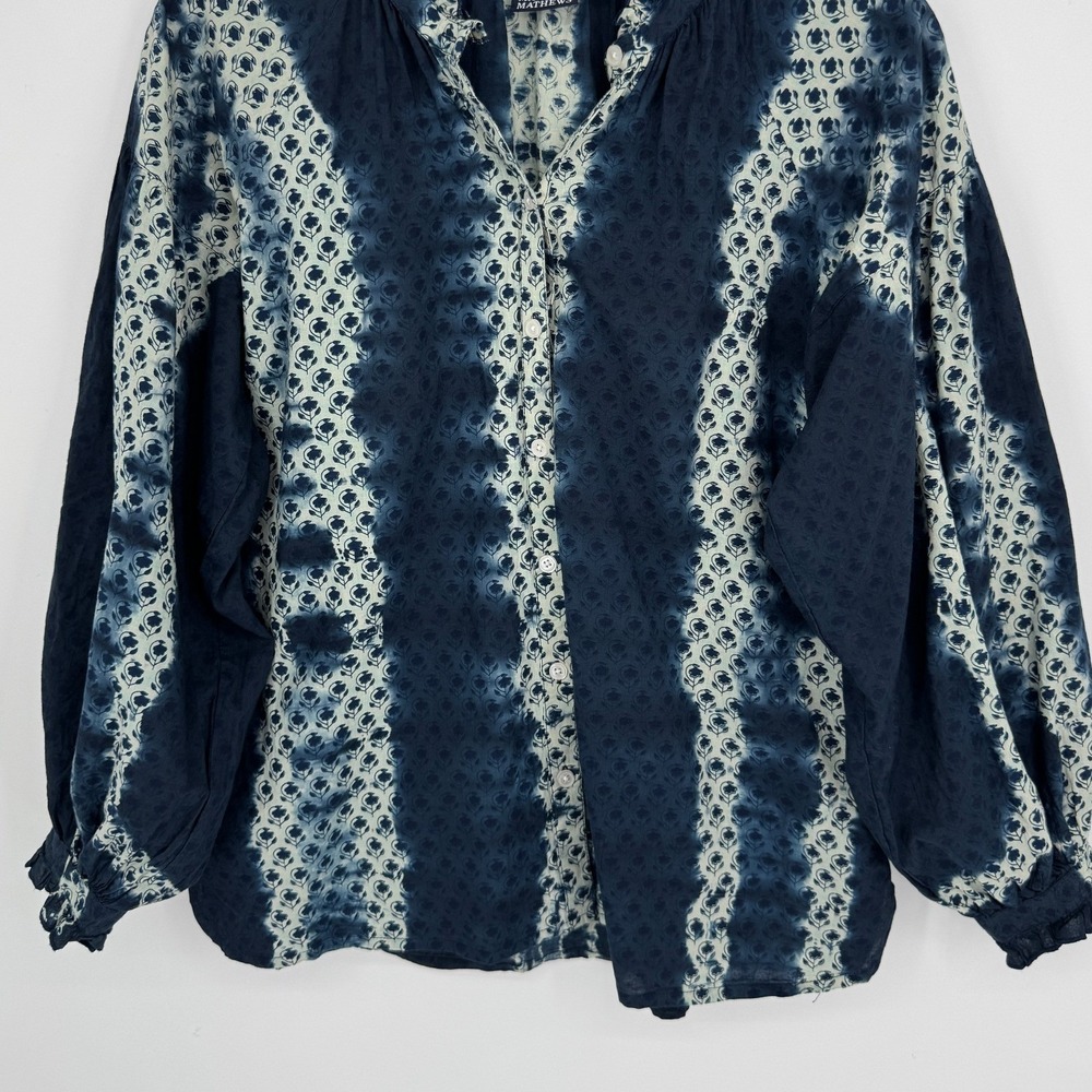 Madison Mathews Tie Dye Button Front Top Medium Navy Blue Boho Coastal Cotton - Picture 4 of 9
